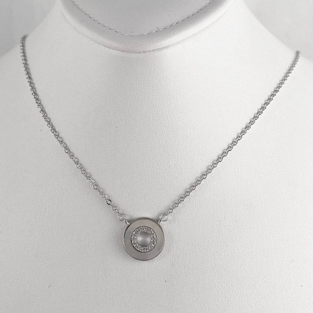 Stříbrný náhrldeník s kolečkem s perletí a zirkony 11,6mm    40+5cm